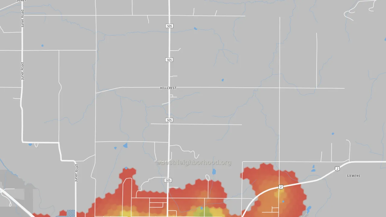 Walk Grade map of Hillcrest, MI, walkable areas in green and car-dependent areas in red