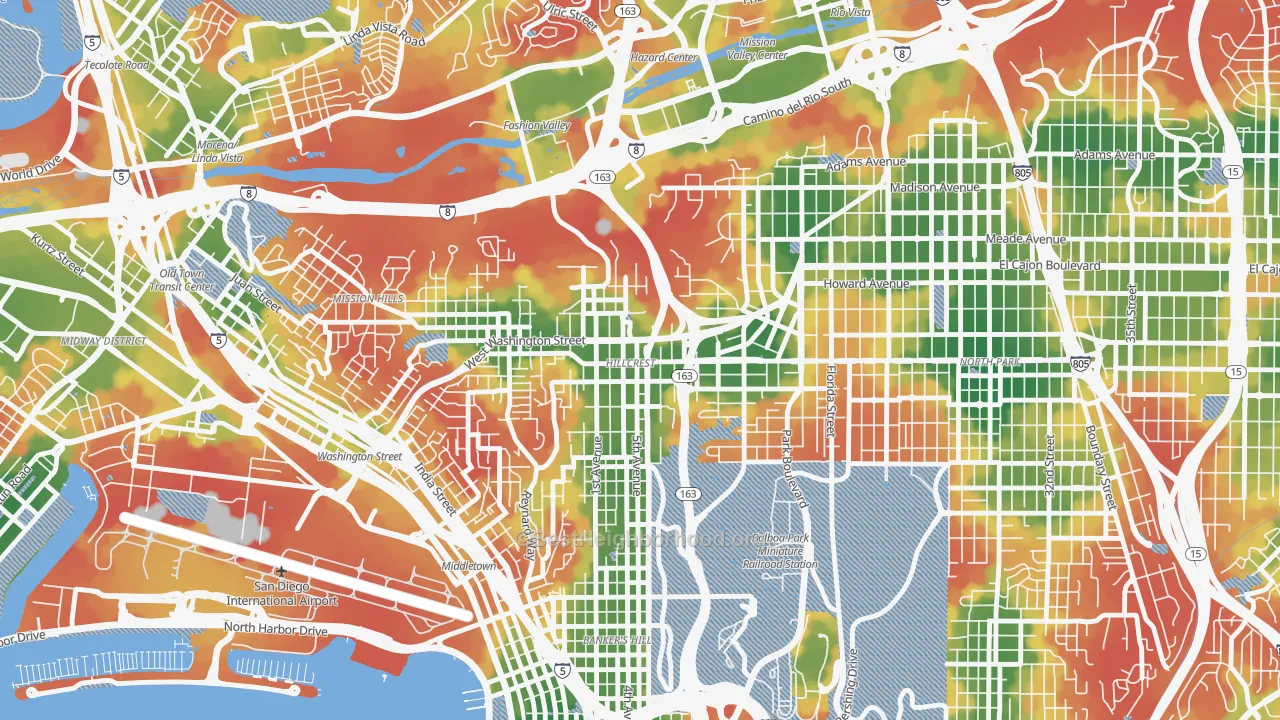 Walk Grade map of Hillcrest, San Diego, CA, walkable areas in green and car-dependent areas in red
