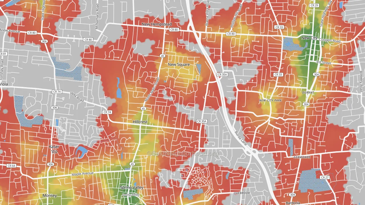 Walk Grade map of Hillcrest, Spring Valley, NY, walkable areas in green and car-dependent areas in red