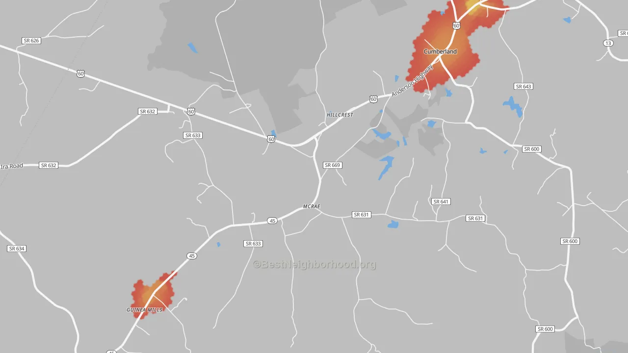 Walk Grade map of Hillcrest, VA, walkable areas in green and car-dependent areas in red