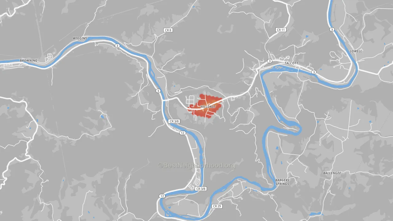 Walk Grade map of Hilldale, WV, walkable areas in green and car-dependent areas in red