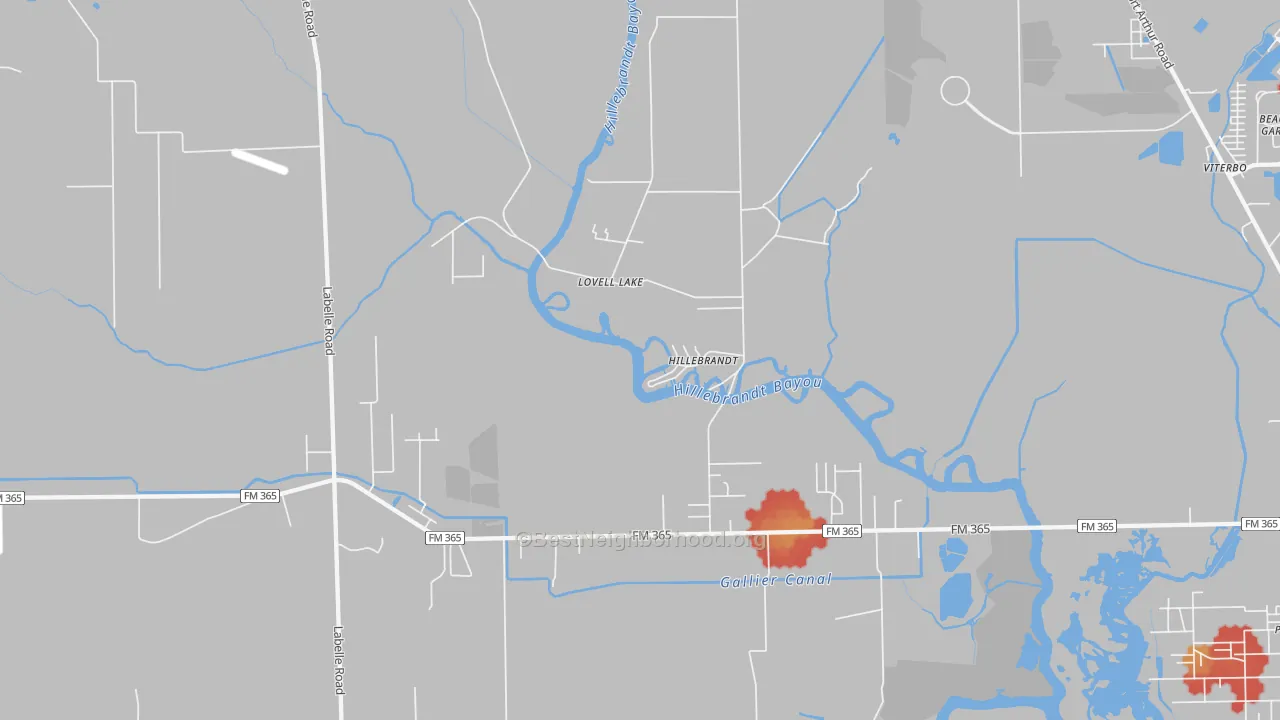 Walk Grade map of Hillebrandt, TX, walkable areas in green and car-dependent areas in red