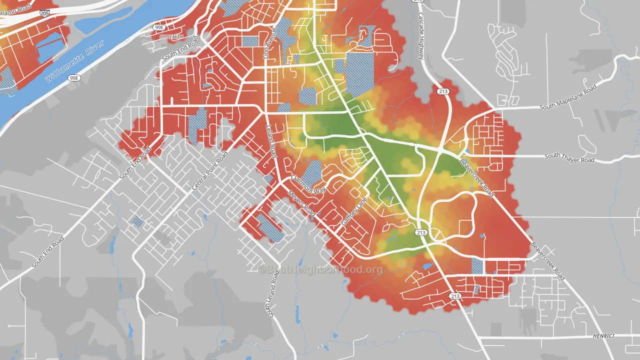 Walk Grade map of Hillendale, Oregon City, OR, walkable areas in green and car-dependent areas in red