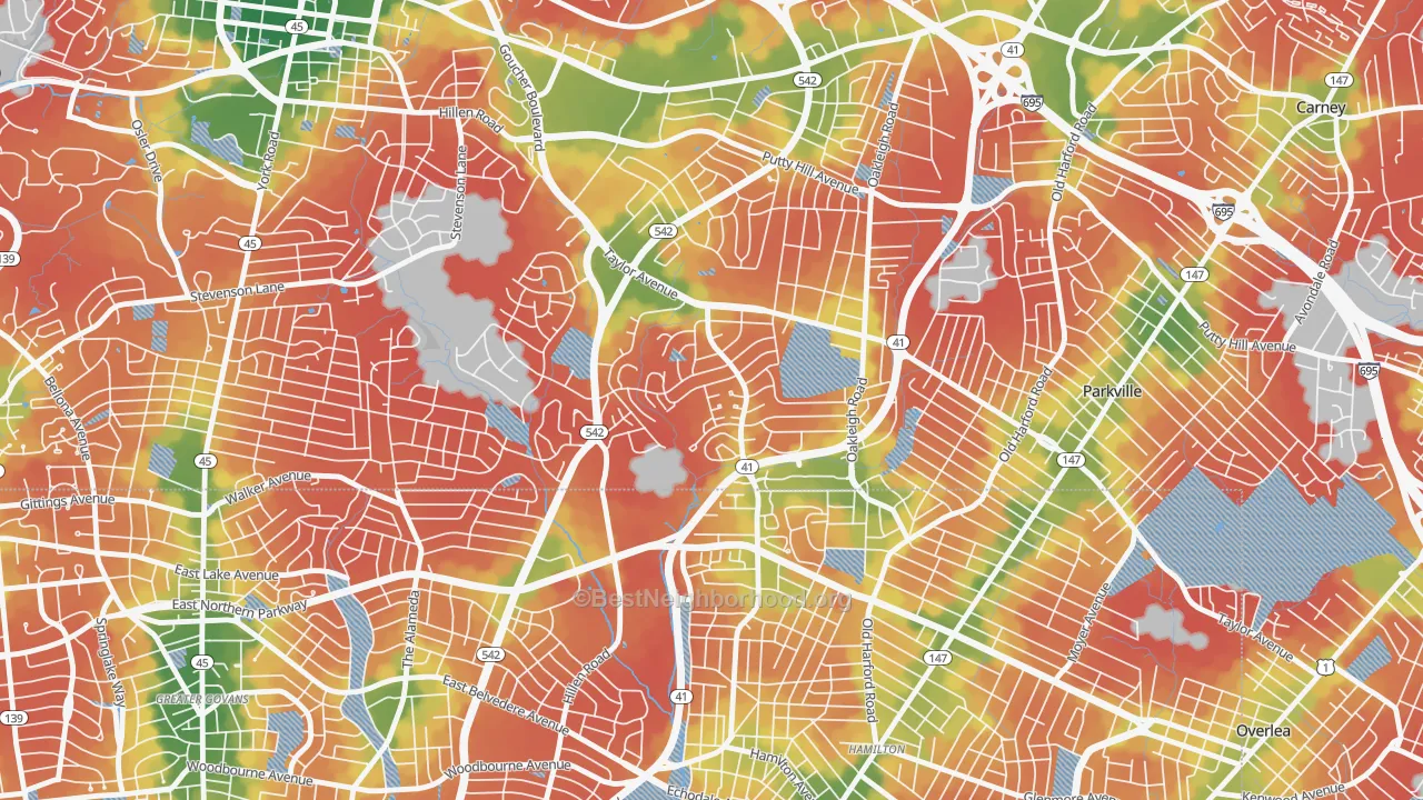 Walk Grade map of Hillendale, Parkville, MD, walkable areas in green and car-dependent areas in red