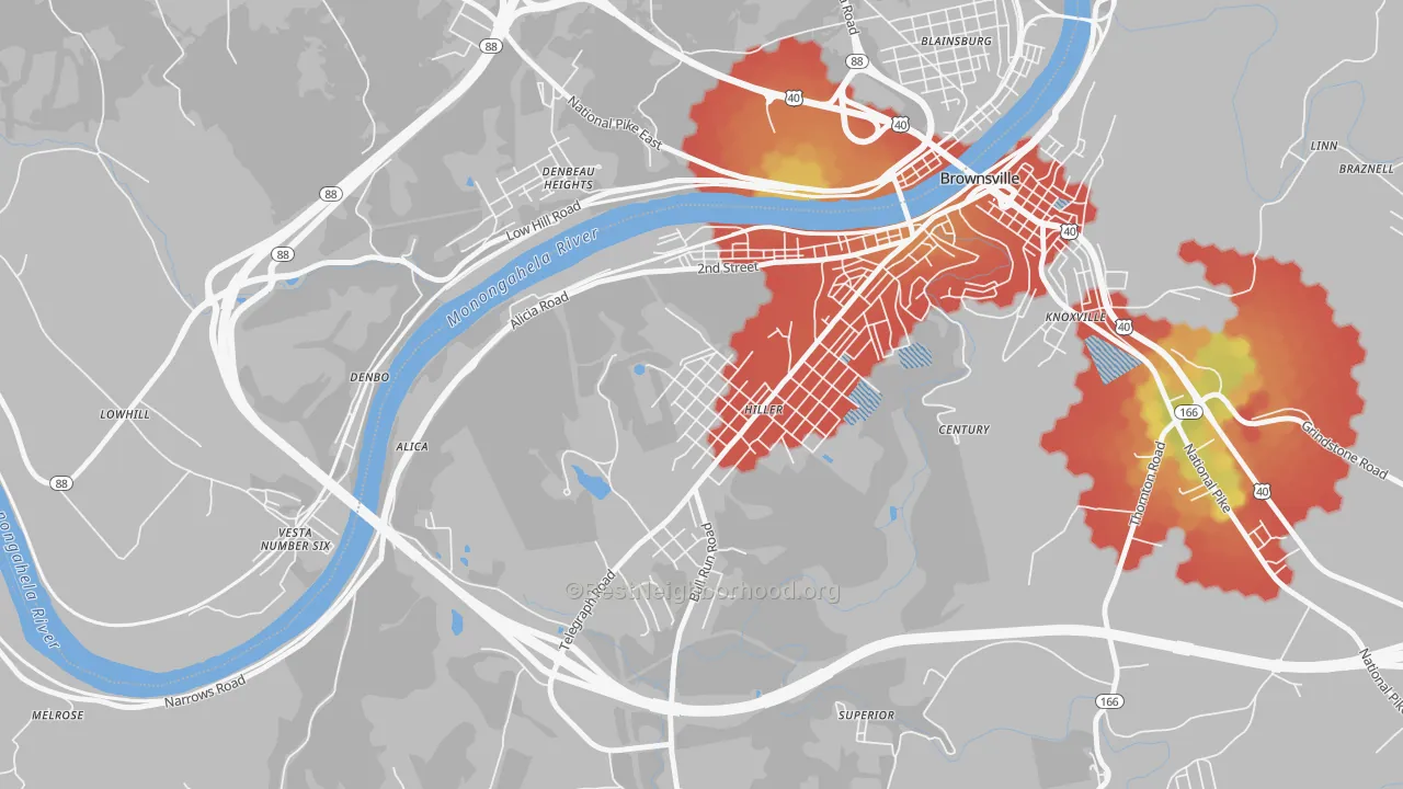 Walk Grade map of Hiller, PA, walkable areas in green and car-dependent areas in red