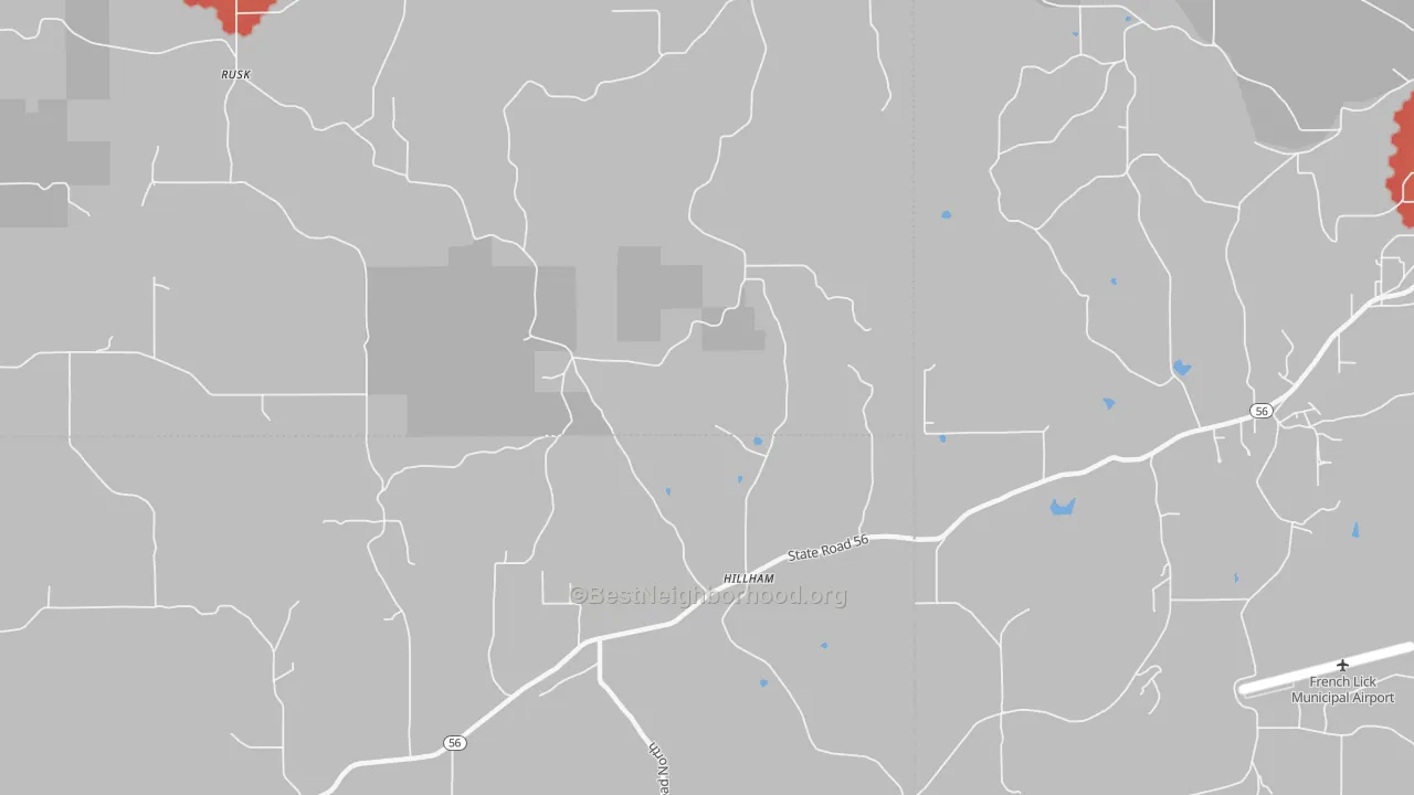 Walk Grade map of Hillham, IN, walkable areas in green and car-dependent areas in red