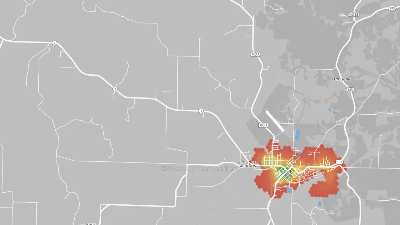 Walk Grade map of Hillhouse Addition, MO, walkable areas in green and car-dependent areas in red