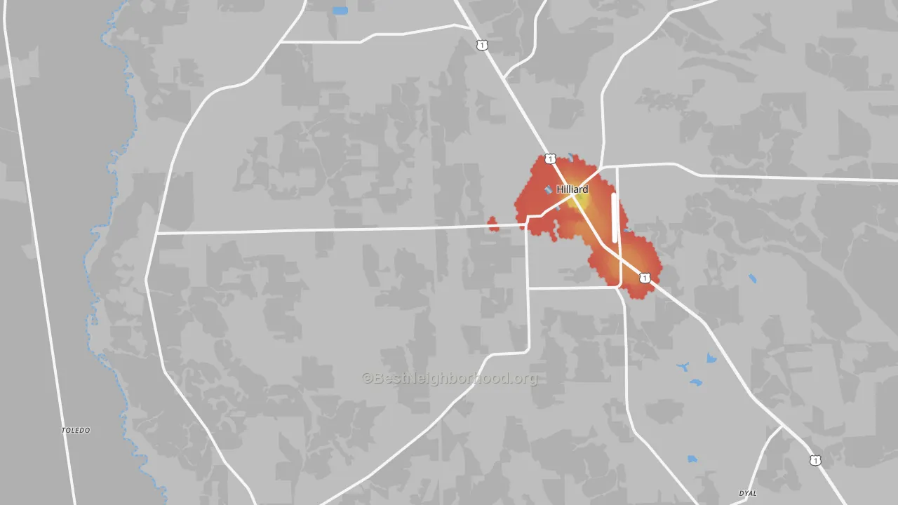 Walk Grade map of Hilliard, FL, walkable areas in green and car-dependent areas in red