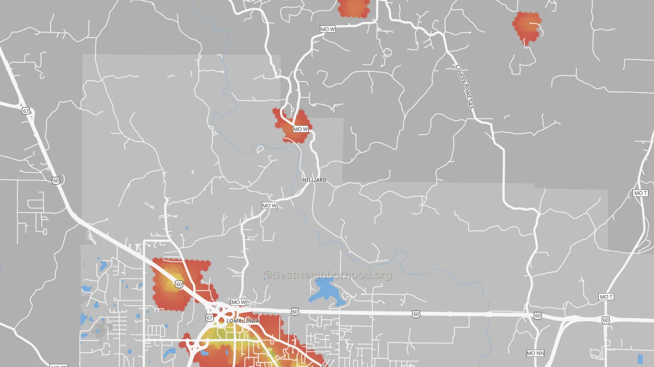 Walk Grade map of Hilliard, MO, walkable areas in green and car-dependent areas in red