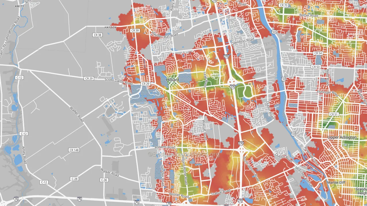Walk Grade map of Hilliard, OH, walkable areas in green and car-dependent areas in red