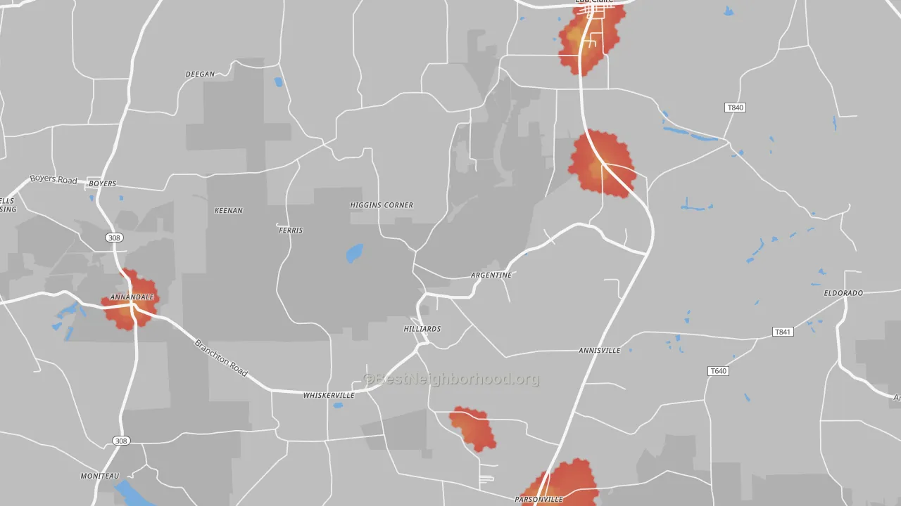 Walk Grade map of Hilliards, PA, walkable areas in green and car-dependent areas in red