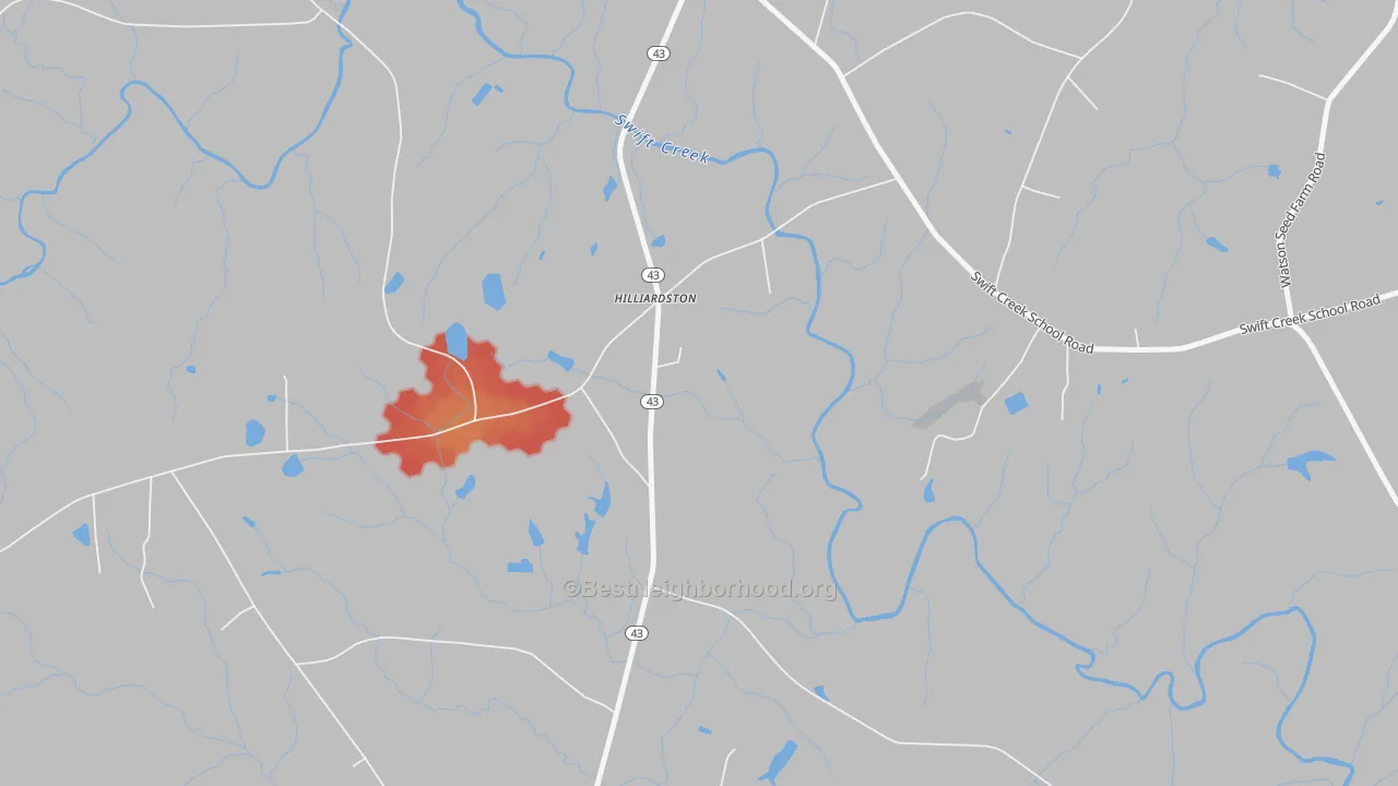 Walk Grade map of Hilliardston, NC, walkable areas in green and car-dependent areas in red