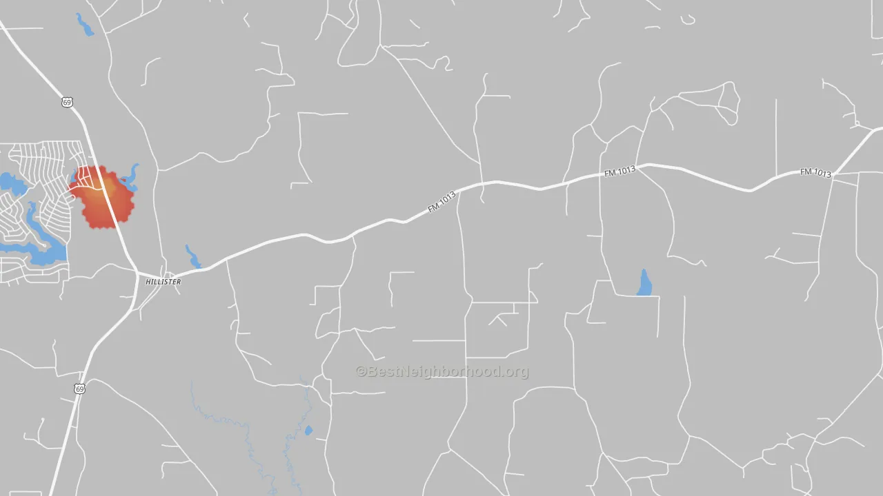Walk Grade map of Hillister, TX, walkable areas in green and car-dependent areas in red