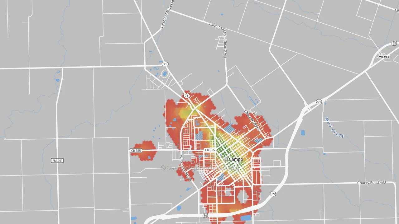 Walk Grade map of Hillje, TX, walkable areas in green and car-dependent areas in red