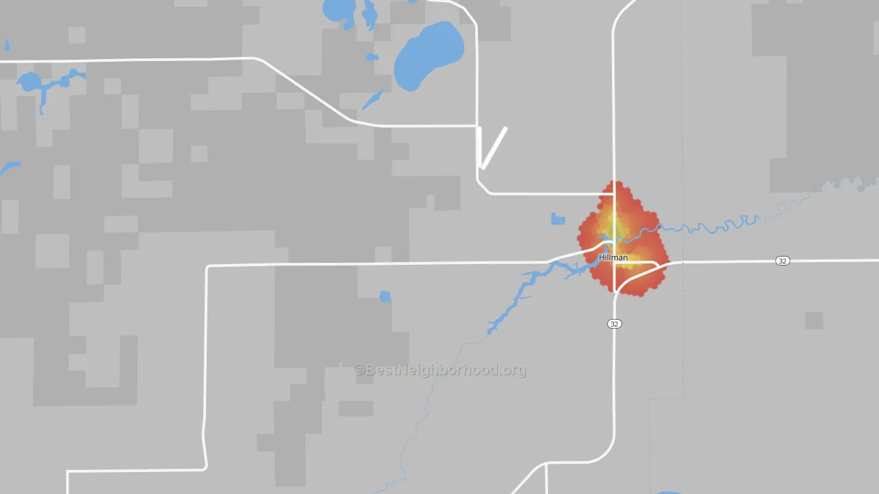 Walk Grade map of Hillman, MI, walkable areas in green and car-dependent areas in red