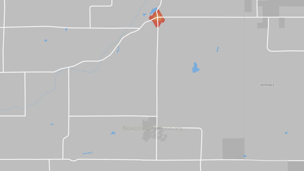 Walk Grade map of Hillman, MN, walkable areas in green and car-dependent areas in red