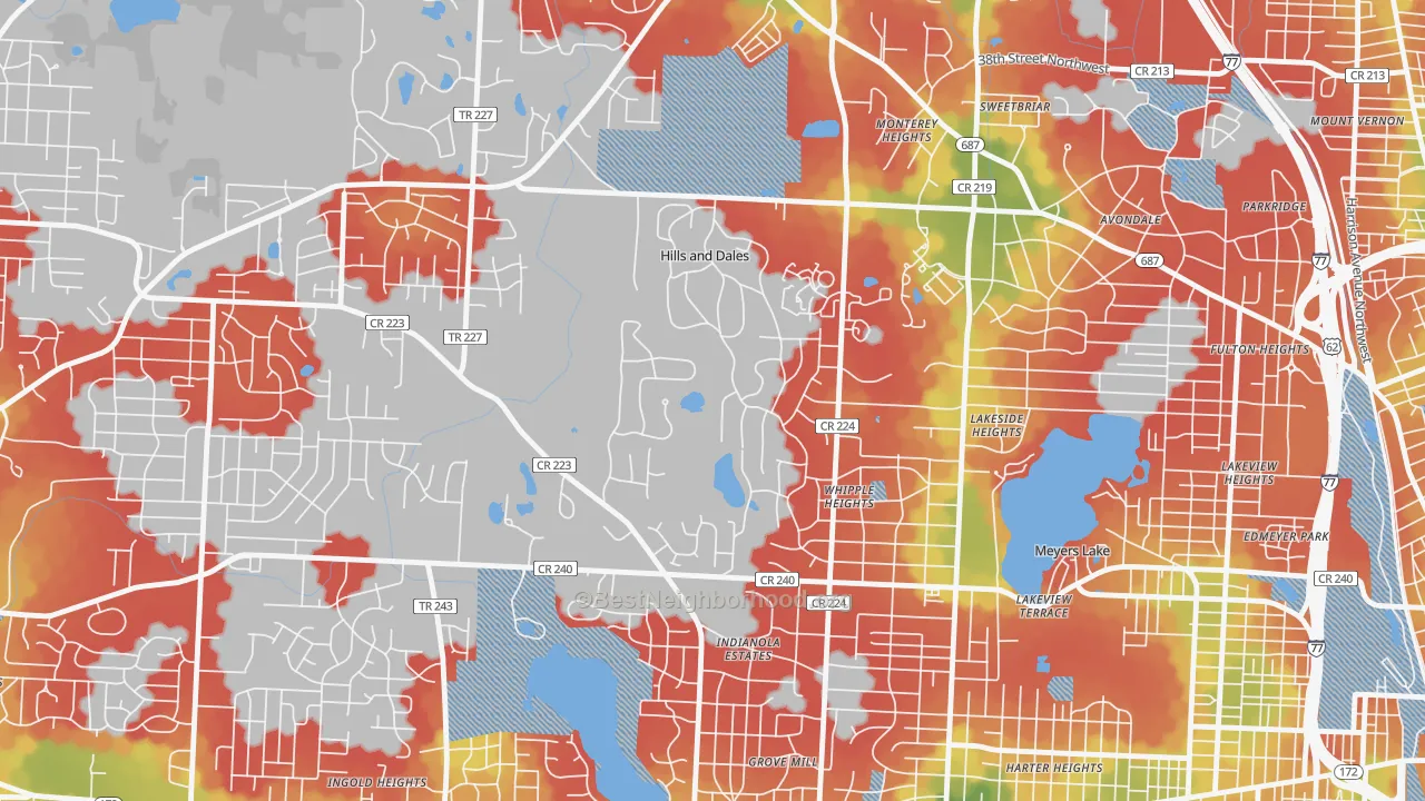 Walk Grade map of Hills and Dales, OH, walkable areas in green and car-dependent areas in red