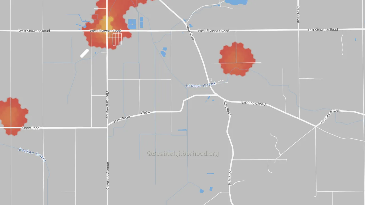 Walk Grade map of Hills Corners, MI, walkable areas in green and car-dependent areas in red