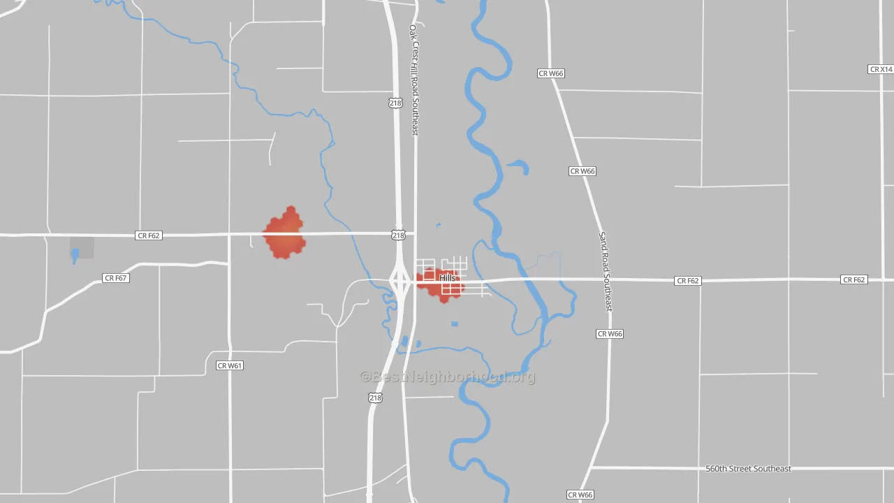 Walk Grade map of Hills, IA, walkable areas in green and car-dependent areas in red