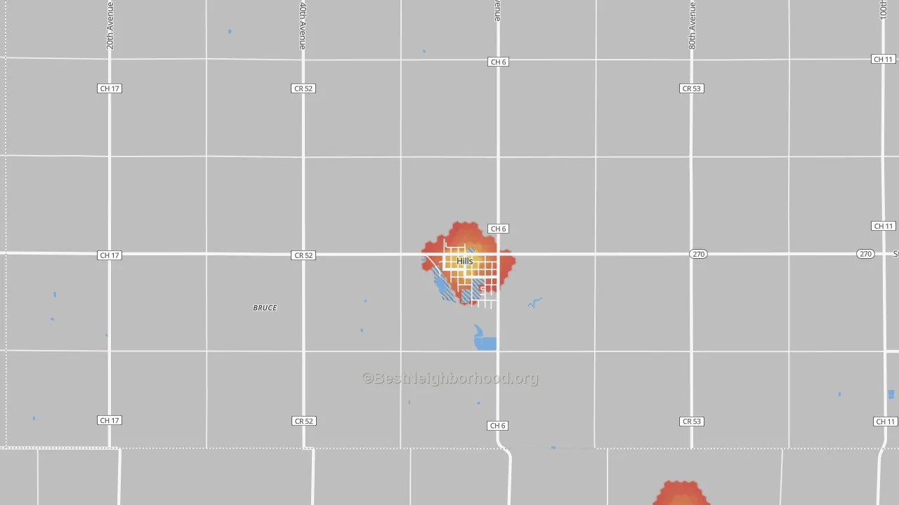 Walk Grade map of Hills, MN, walkable areas in green and car-dependent areas in red