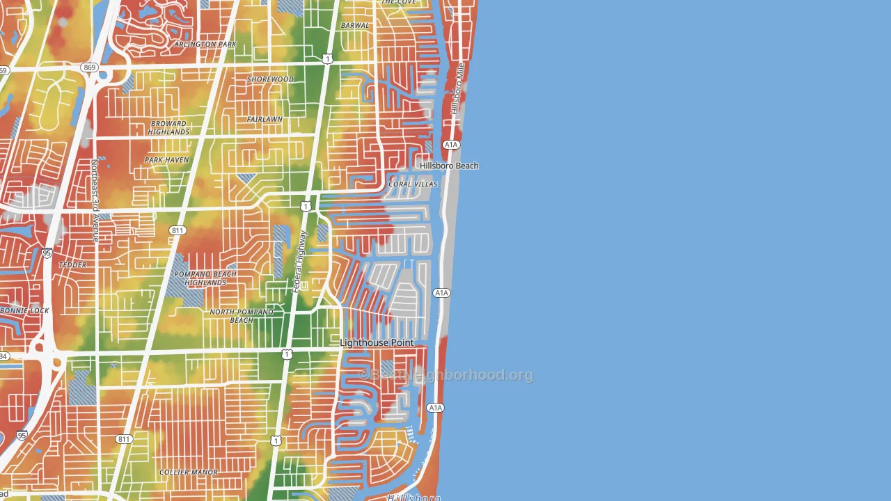 Walk Grade map of Hillsboro Beach, FL, walkable areas in green and car-dependent areas in red