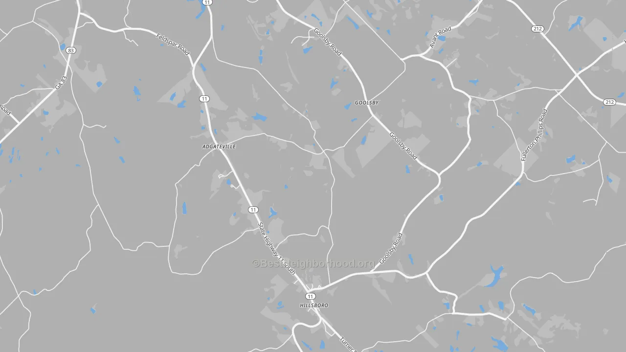 Walk Grade map of Hillsboro, GA, walkable areas in green and car-dependent areas in red