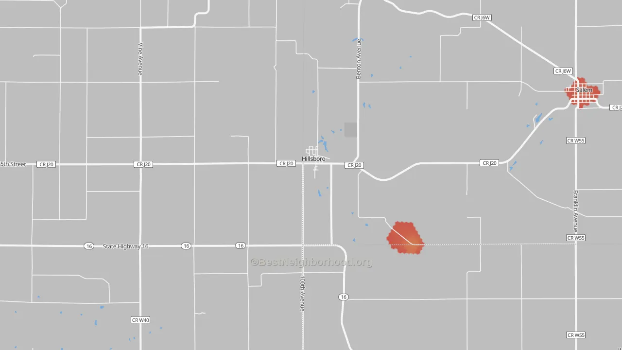 Walk Grade map of Hillsboro, IA, walkable areas in green and car-dependent areas in red