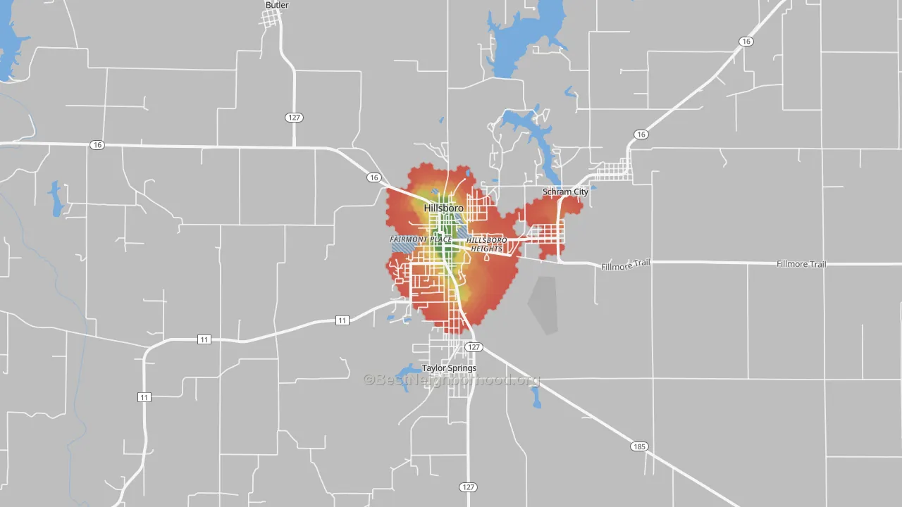 Walk Grade map of Hillsboro, IL, walkable areas in green and car-dependent areas in red