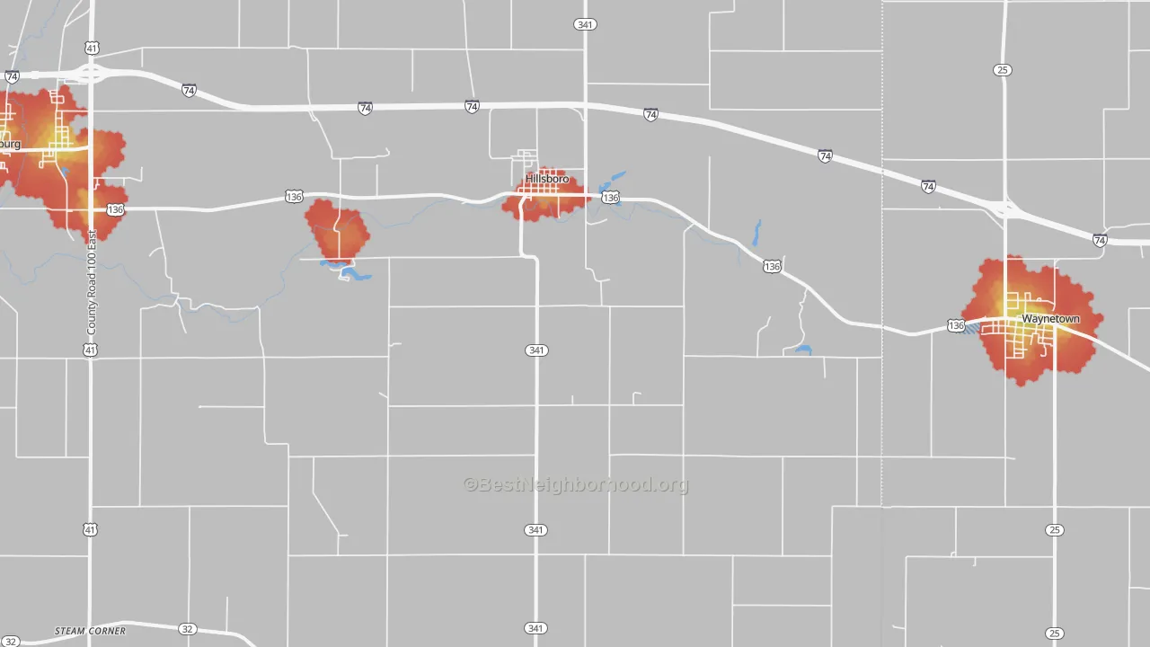 Walk Grade map of Hillsboro, IN, walkable areas in green and car-dependent areas in red