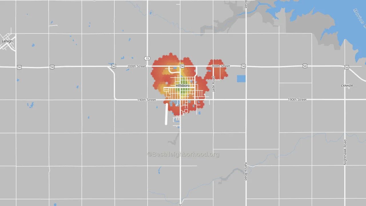 Walk Grade map of Hillsboro, KS, walkable areas in green and car-dependent areas in red