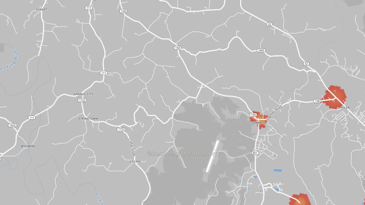 Walk Grade map of Hillsboro, KY, walkable areas in green and car-dependent areas in red