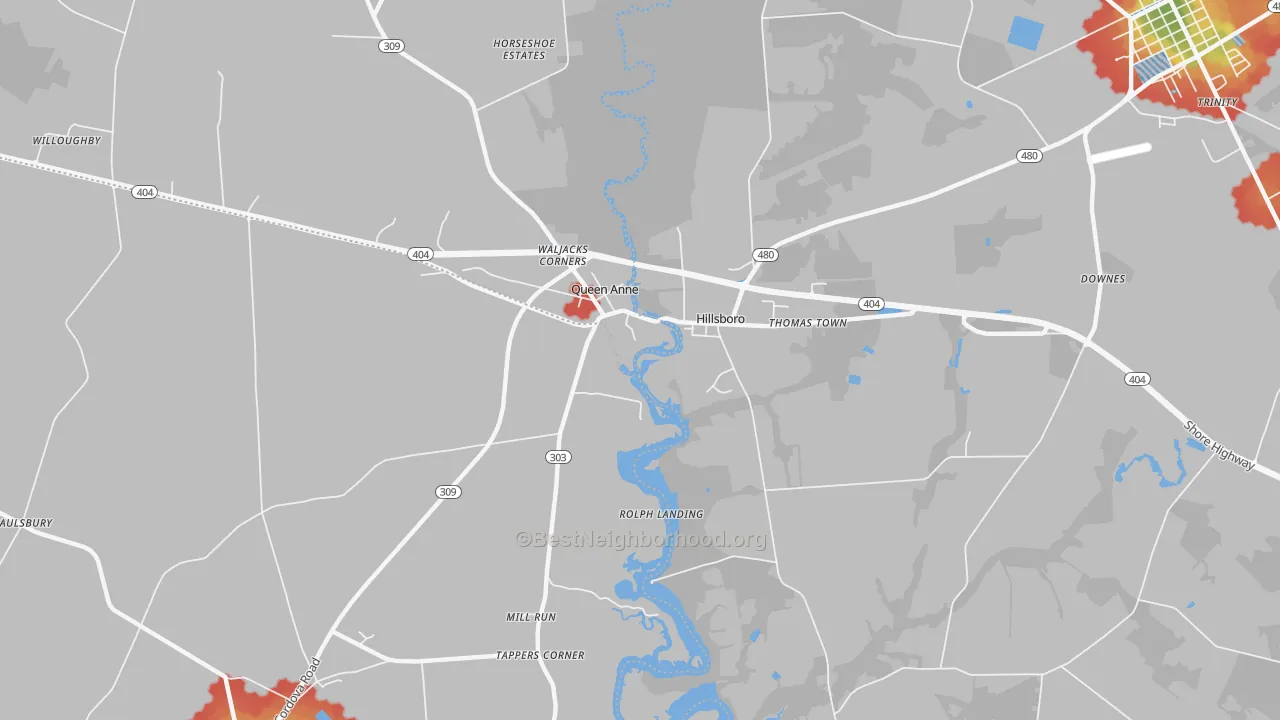 Walk Grade map of Hillsboro, MD, walkable areas in green and car-dependent areas in red