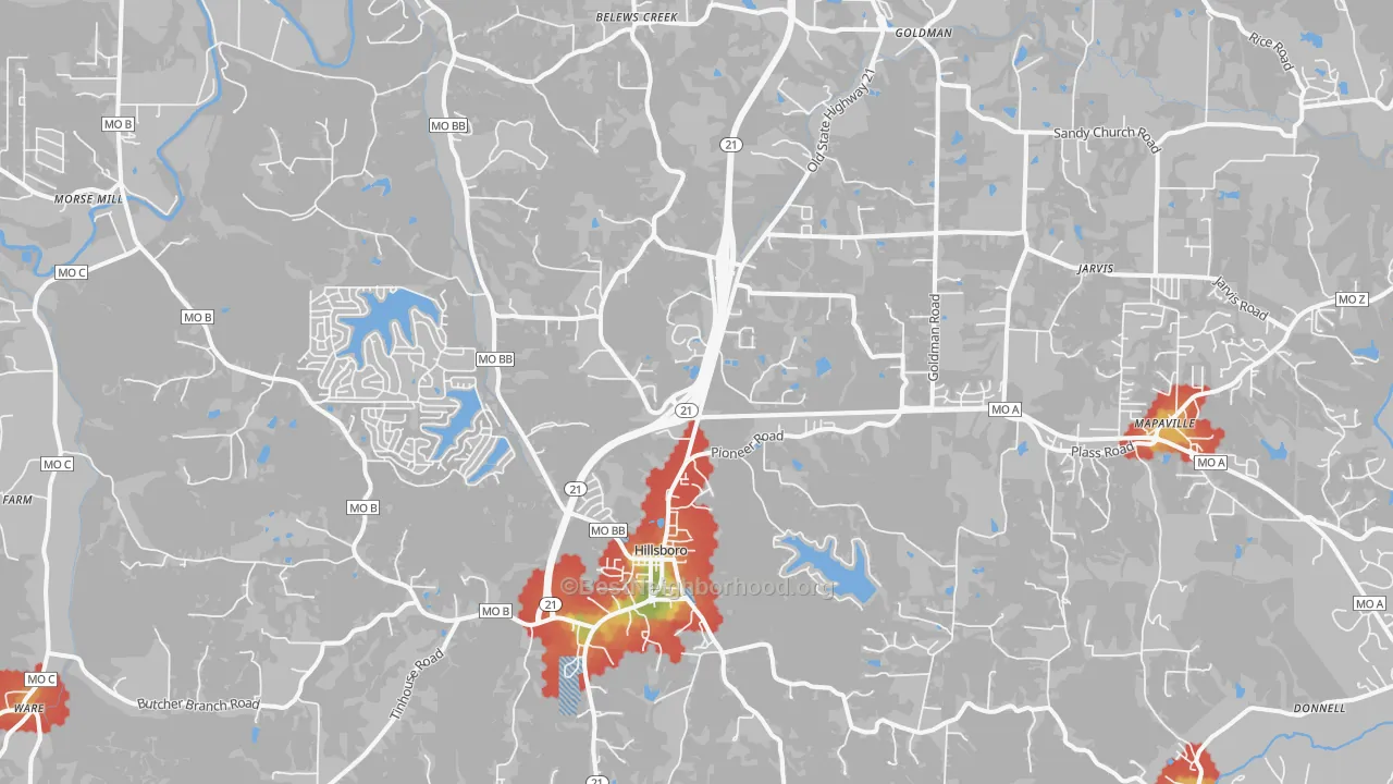 Walk Grade map of Hillsboro, MO, walkable areas in green and car-dependent areas in red