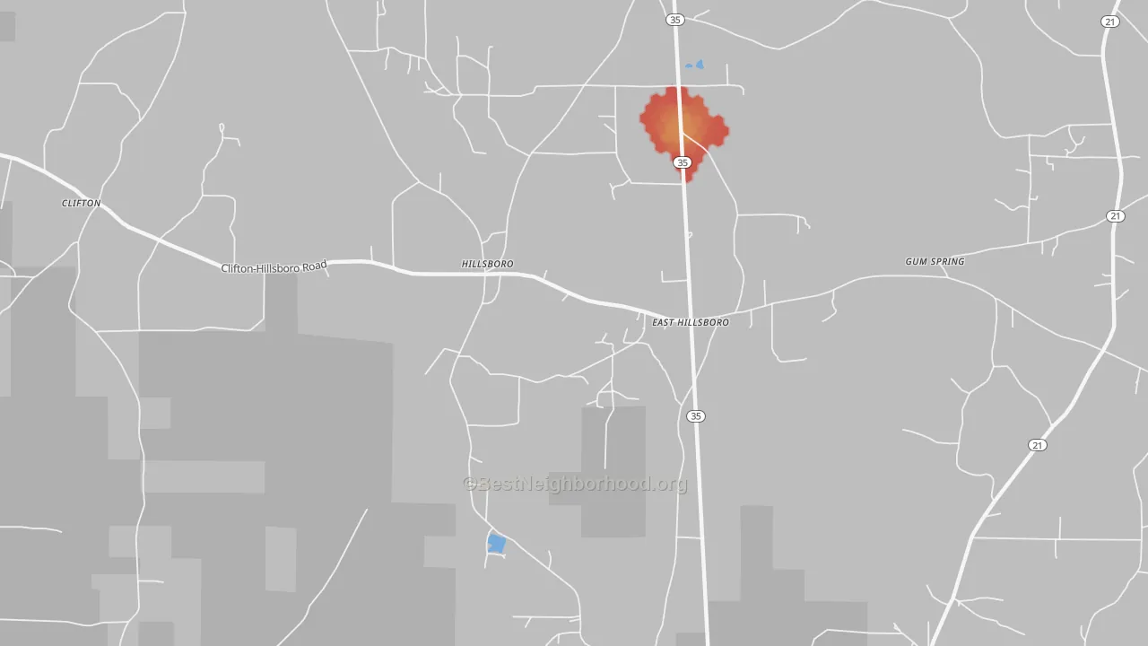Walk Grade map of Hillsboro, MS, walkable areas in green and car-dependent areas in red