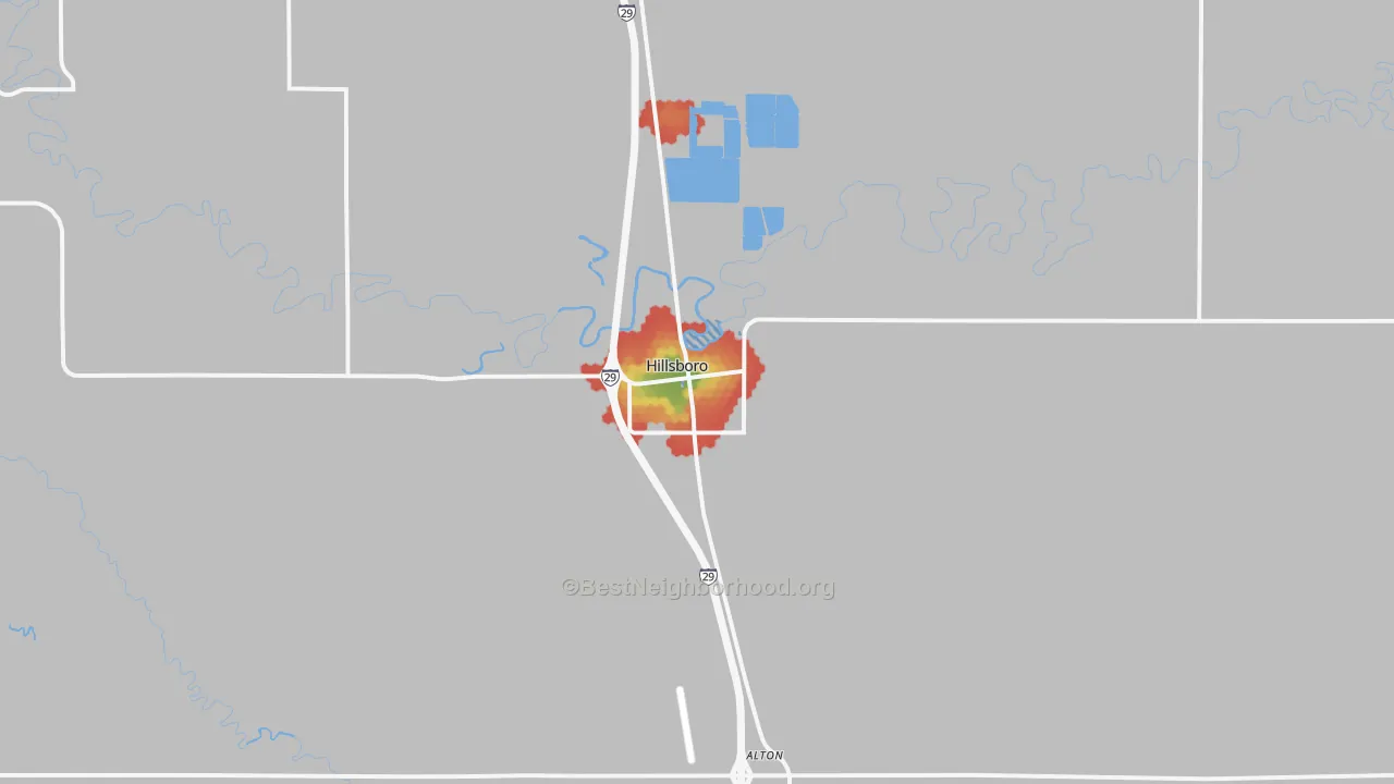 Walk Grade map of Hillsboro, ND, walkable areas in green and car-dependent areas in red