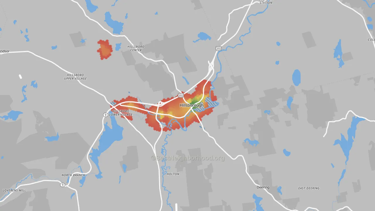 Walk Grade map of Hillsboro, NH, walkable areas in green and car-dependent areas in red