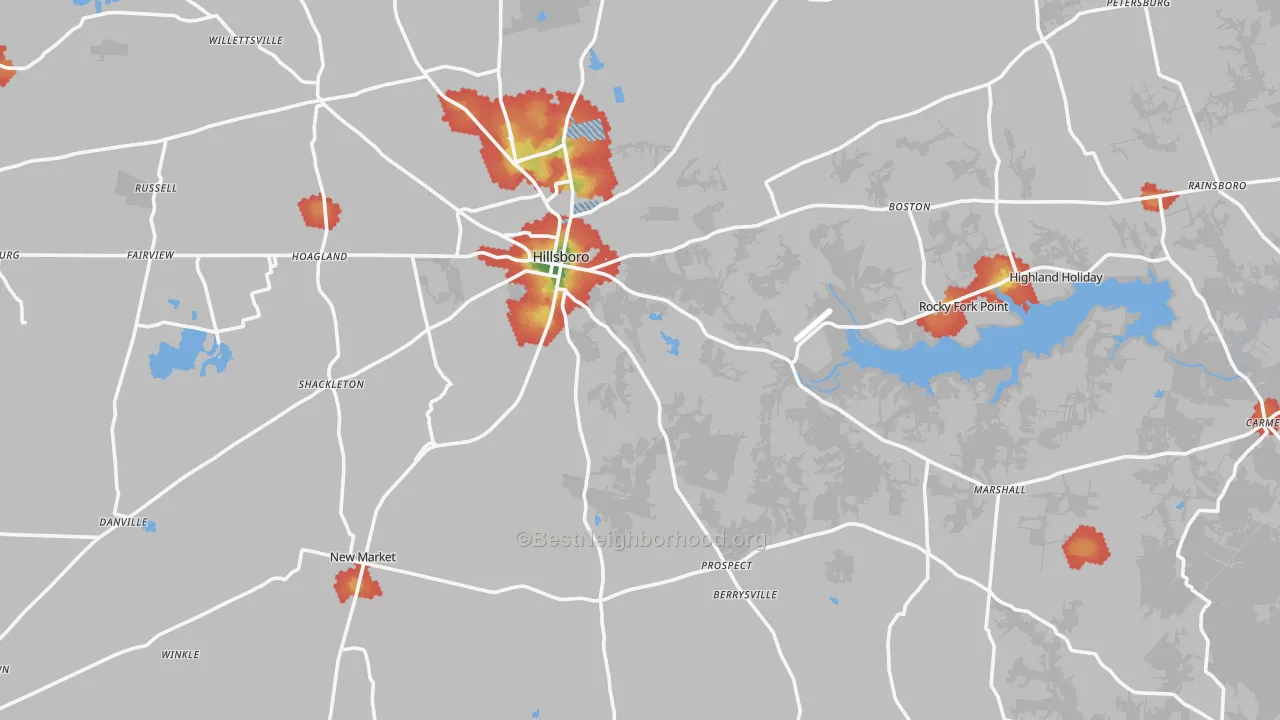 Walk Grade map of Hillsboro, OH, walkable areas in green and car-dependent areas in red