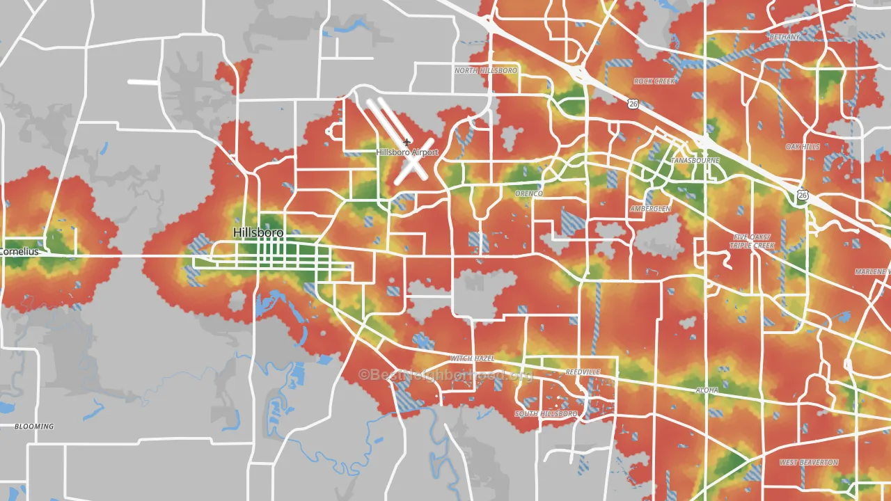 Walk Grade map of Hillsboro, OR, walkable areas in green and car-dependent areas in red