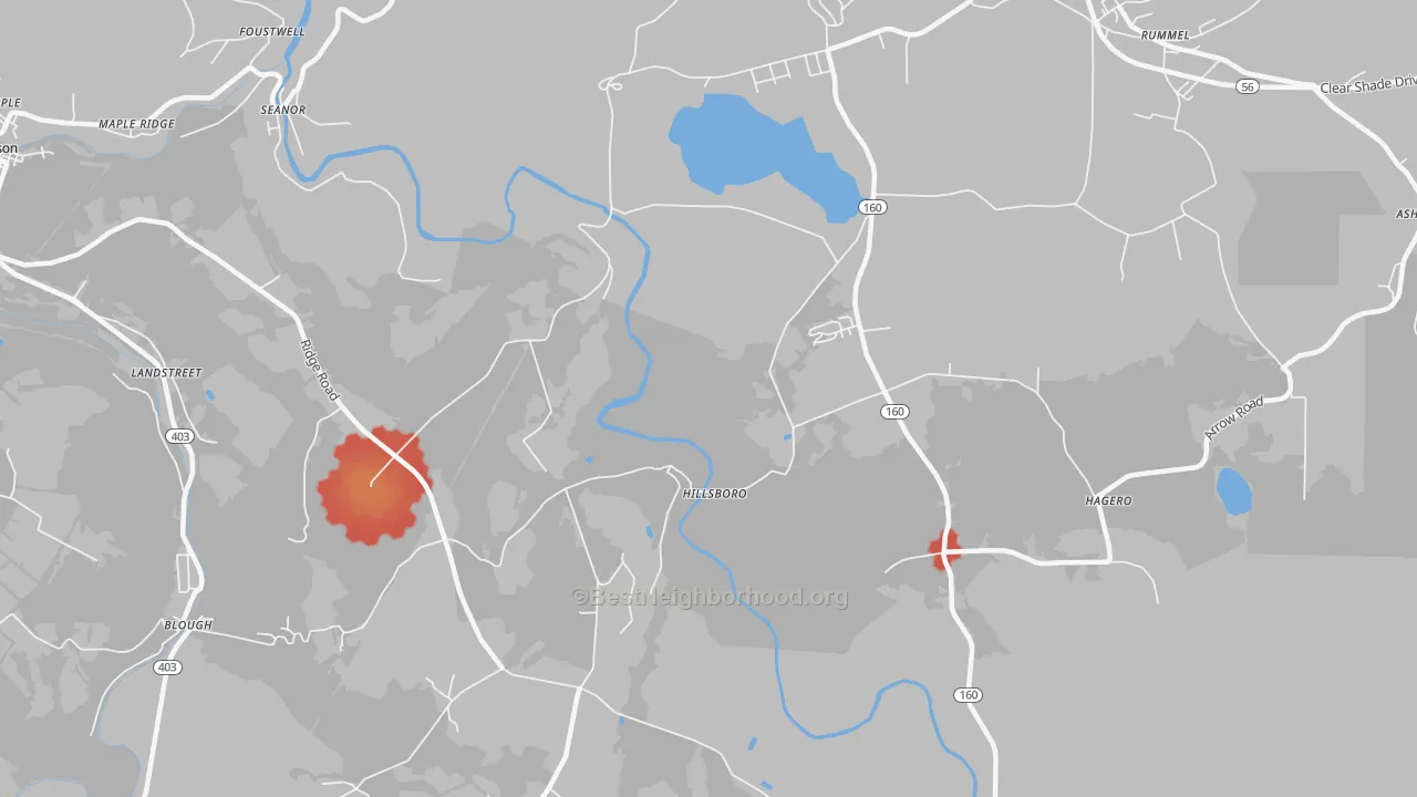 Walk Grade map of Hillsboro, PA, walkable areas in green and car-dependent areas in red