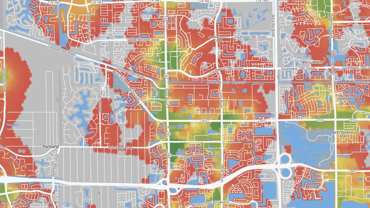 Walk Grade map of Hillsboro Pines, FL, walkable areas in green and car-dependent areas in red
