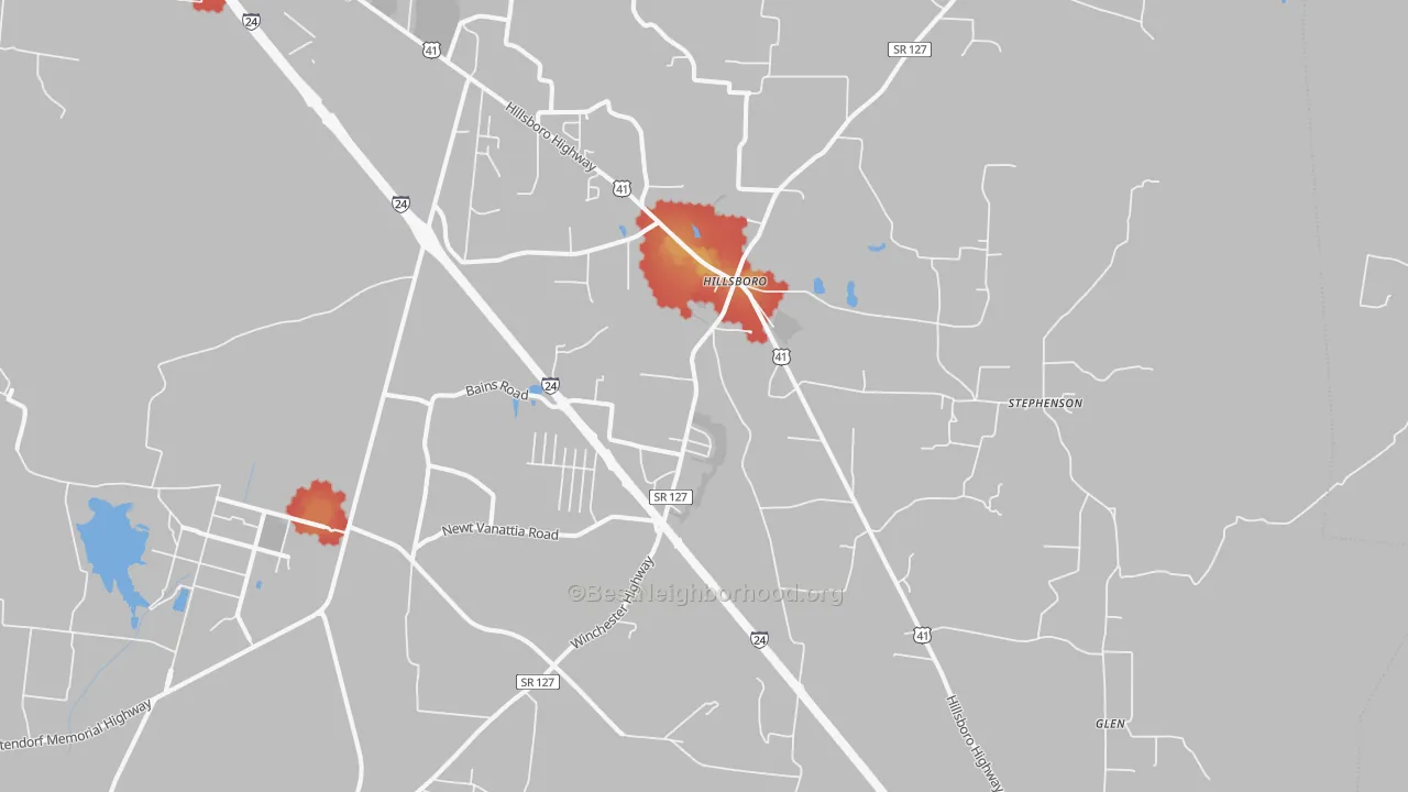 Walk Grade map of Hillsboro, TN, walkable areas in green and car-dependent areas in red
