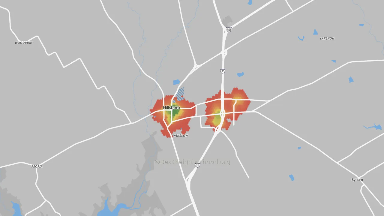 Walk Grade map of Hillsboro, TX, walkable areas in green and car-dependent areas in red