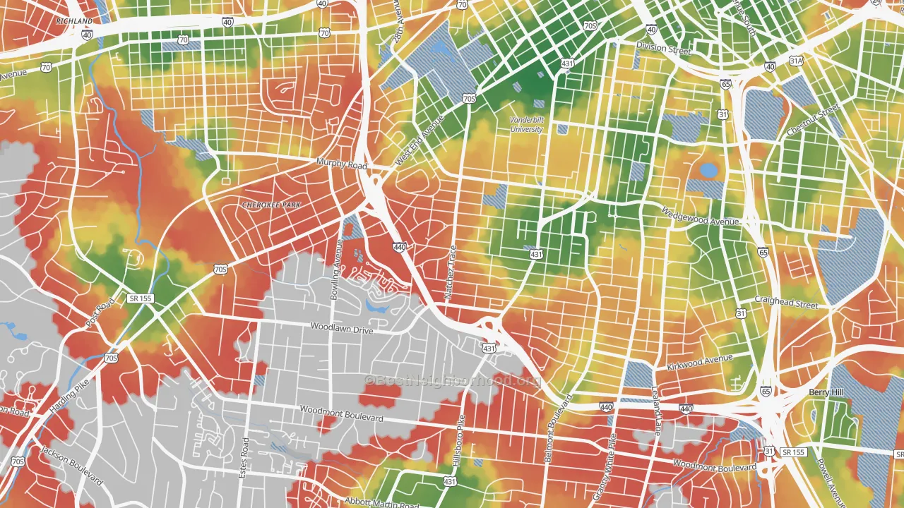 Walk Grade map of Hillsboro West End, Nashville, TN, walkable areas in green and car-dependent areas in red