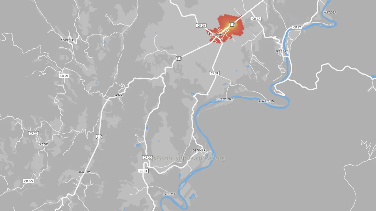 Walk Grade map of Hillsboro, WV, walkable areas in green and car-dependent areas in red