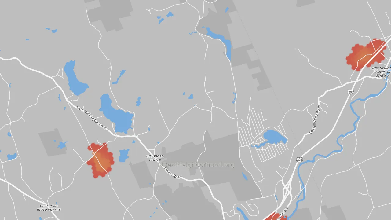 Walk Grade map of Hillsborough Center, NH, walkable areas in green and car-dependent areas in red