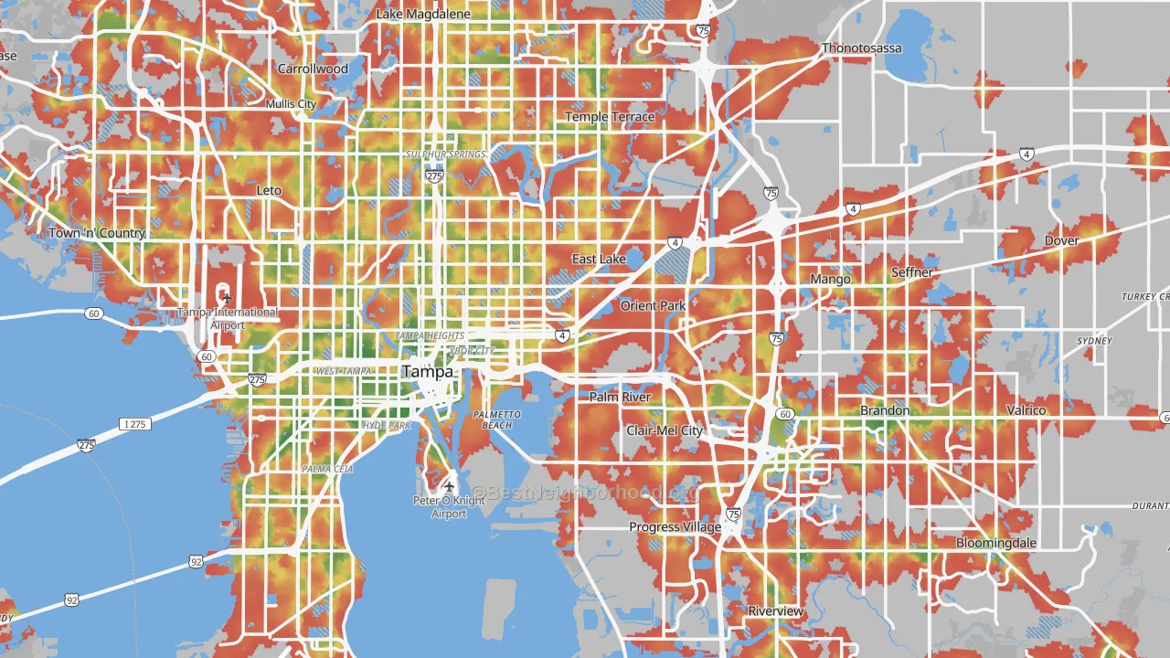 Walk Grade map of Hillsborough County, FL, walkable areas in green and car-dependent areas in red