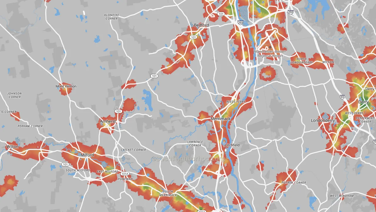 Walk Grade map of Hillsborough County, NH, walkable areas in green and car-dependent areas in red