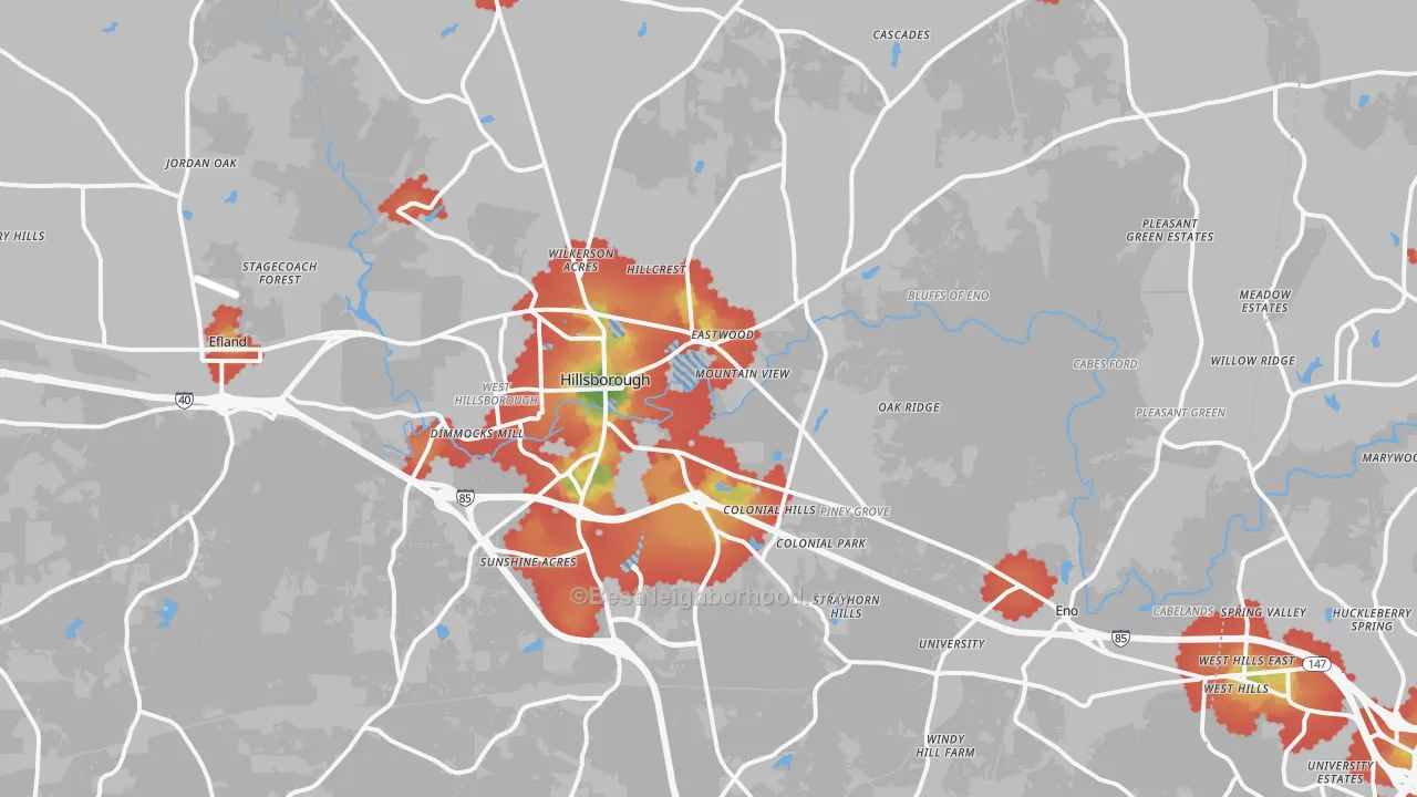Walk Grade map of Hillsborough, NC, walkable areas in green and car-dependent areas in red