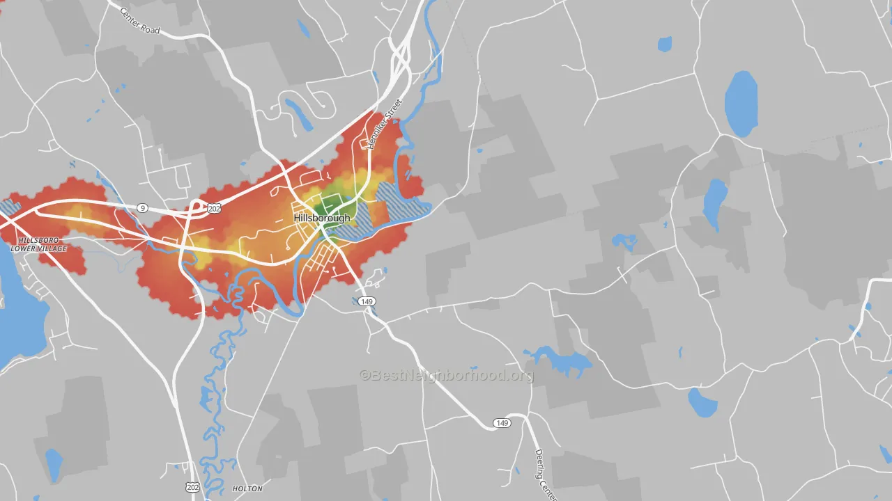 Walk Grade map of Hillsborough, NH, walkable areas in green and car-dependent areas in red