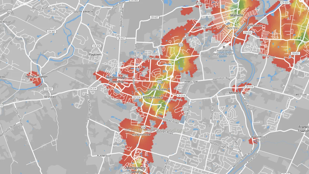Walk Grade map of Hillsborough, NJ, walkable areas in green and car-dependent areas in red